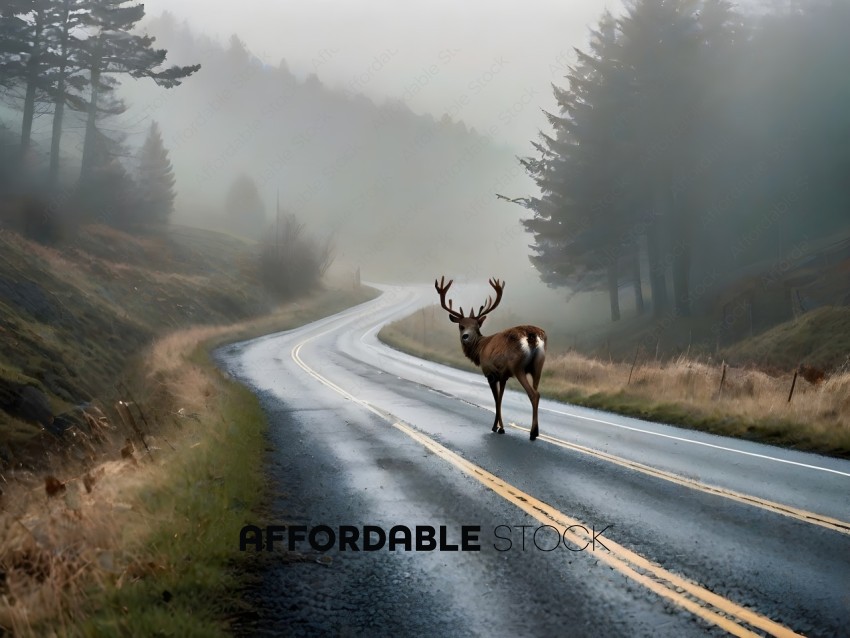 A deer is walking down a road in the fog