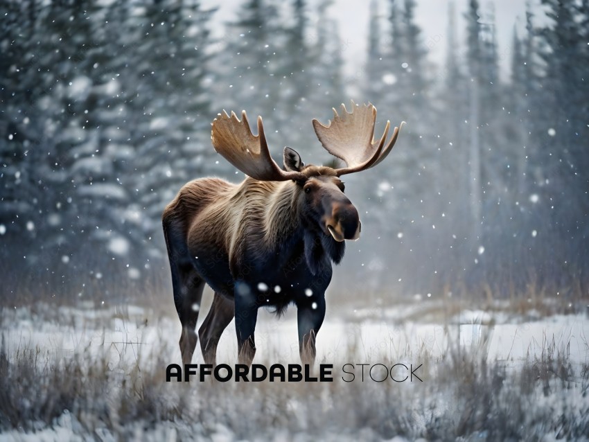 A moose with a large set of antlers standing in the snow