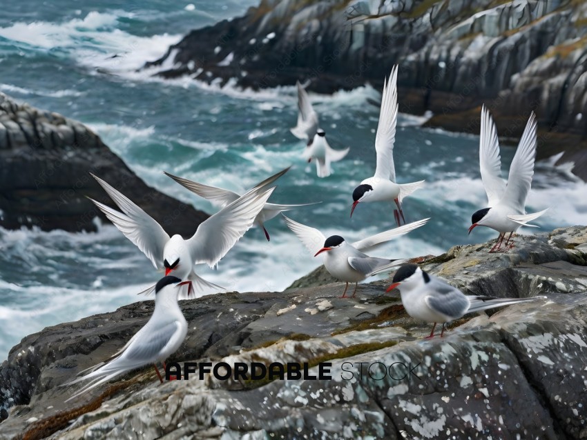 A group of seagulls on a rocky cliff