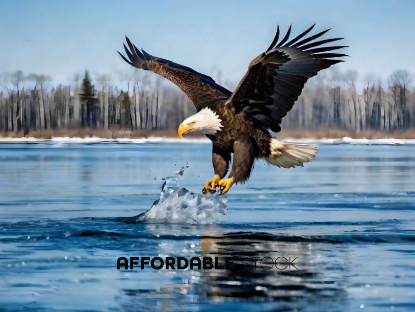 Bald Eagle in flight over water