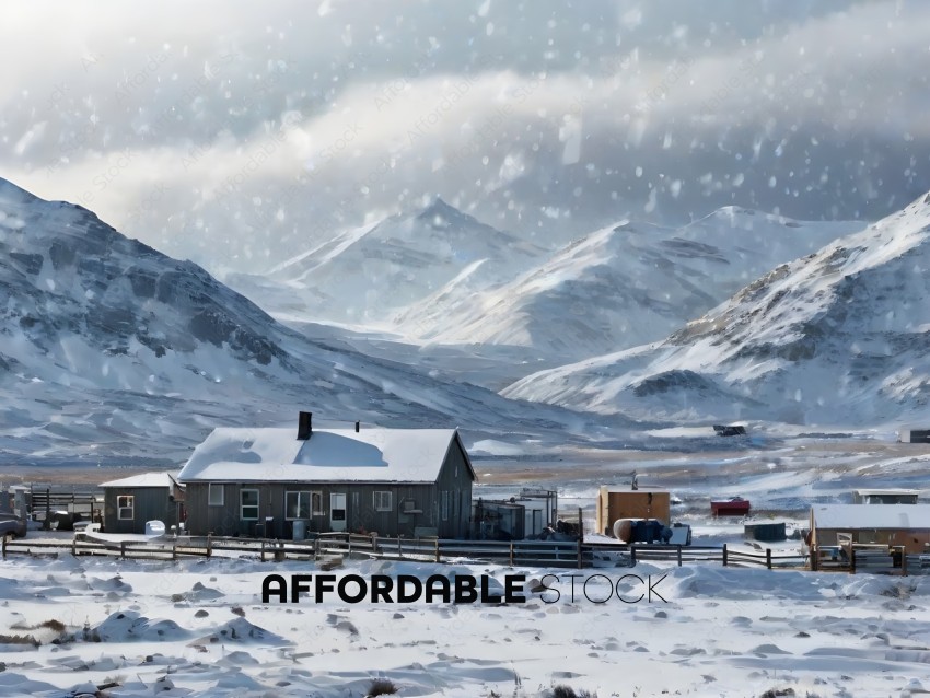 Snowy Mountains and Houses in the Background
