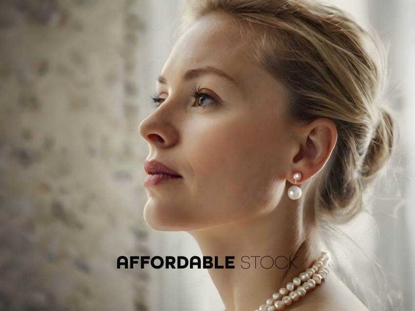 A woman with a pearl necklace and earrings