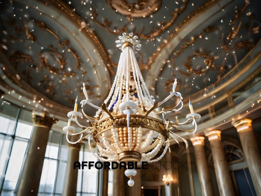A chandelier with white beads and gold accents