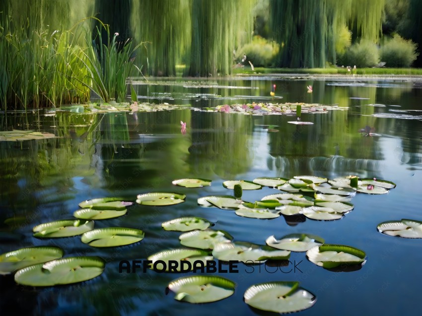 A pond with lily pads and a bird