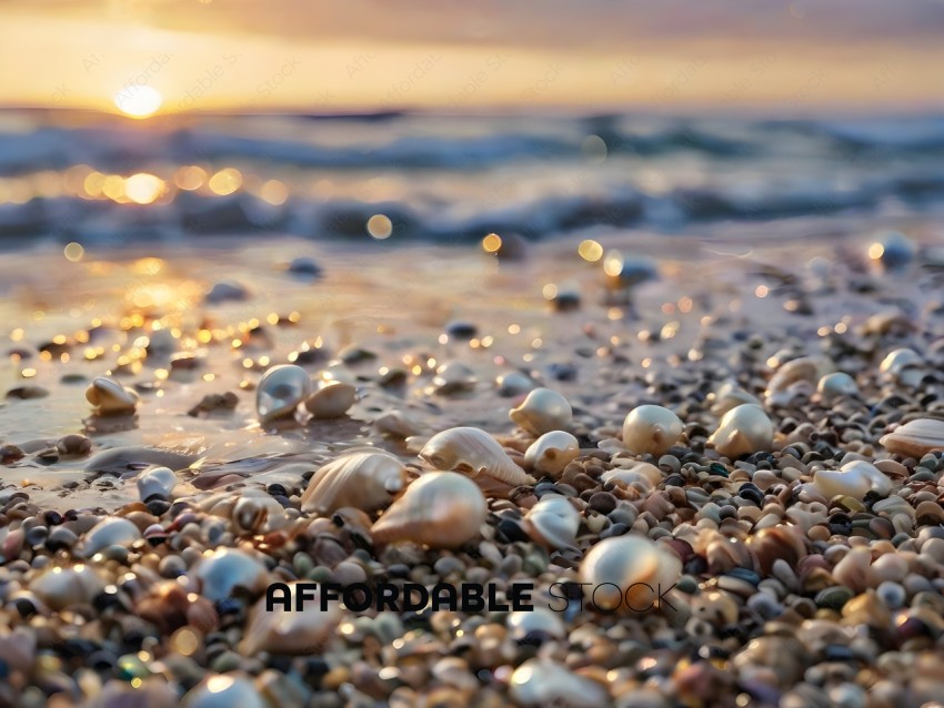 Shells on the beach at sunset