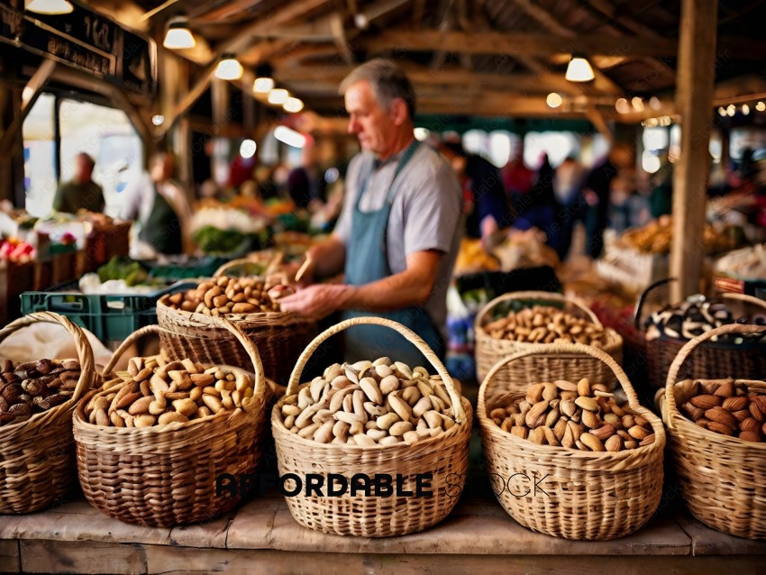 Man in apron selling nuts at a market