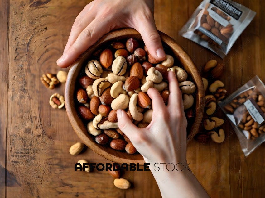 A person is reaching into a bowl of nuts