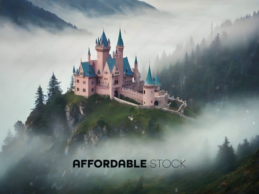 A castle in the mountains with fog