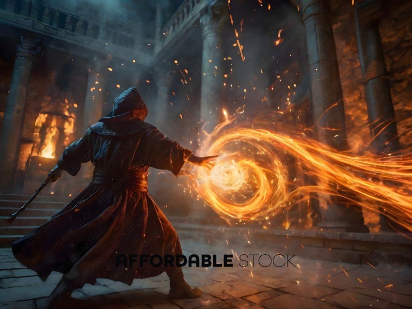 A person in a black robe with a flaming ball in their hand