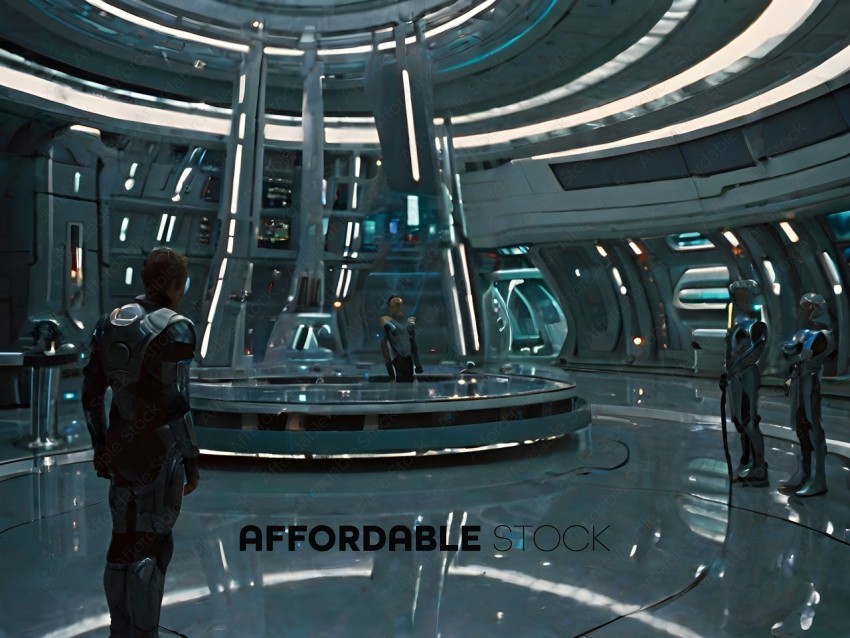 Two men in futuristic suits in a room with a large circular structure