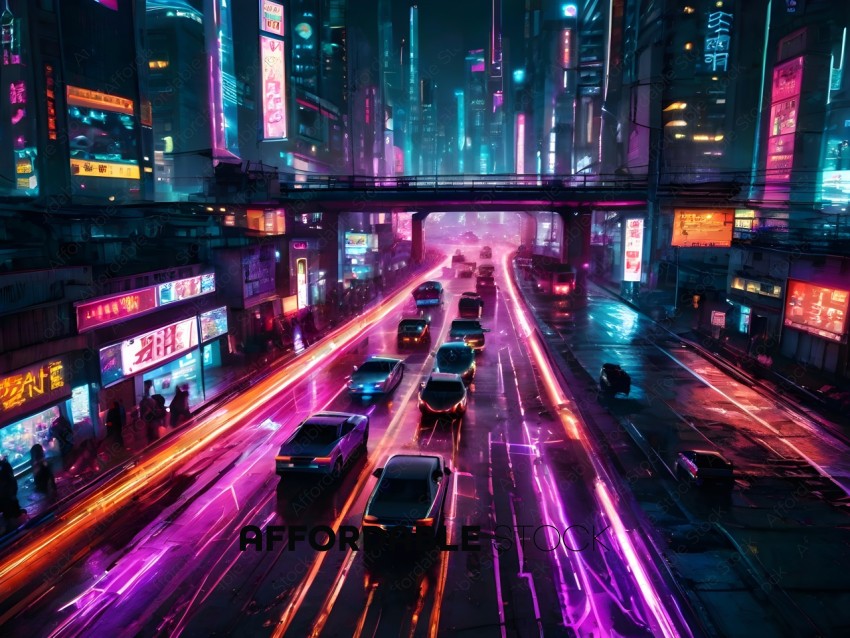 Cars on a busy street at night with neon lights