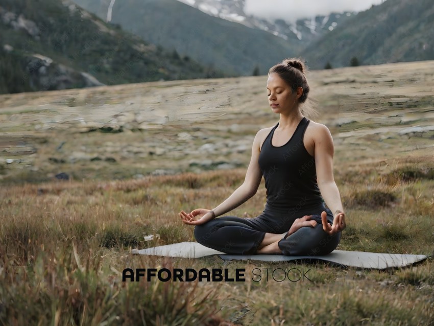 A woman meditating in a field with mountains in the background