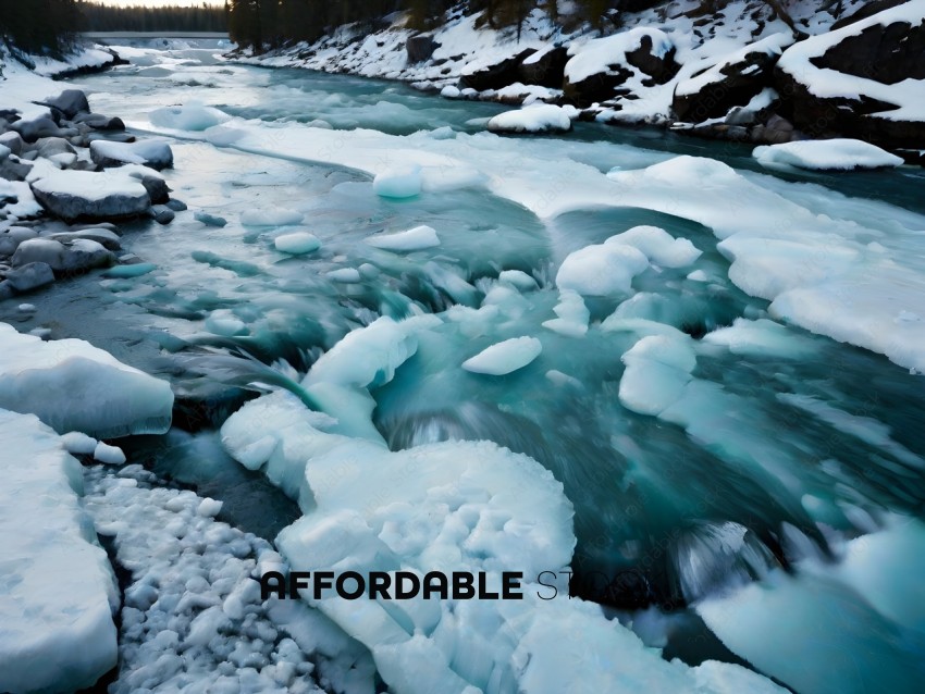 Frozen river with ice chunks and snow