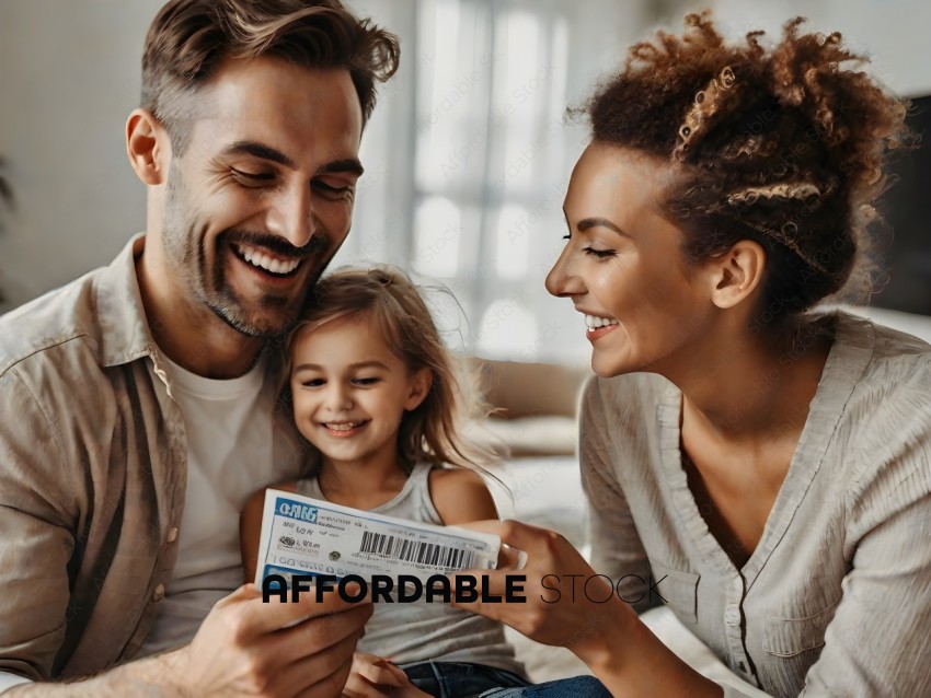 A family of three looking at a ticket
