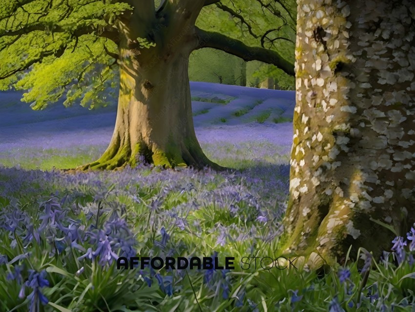 A tree with blue flowers in the background