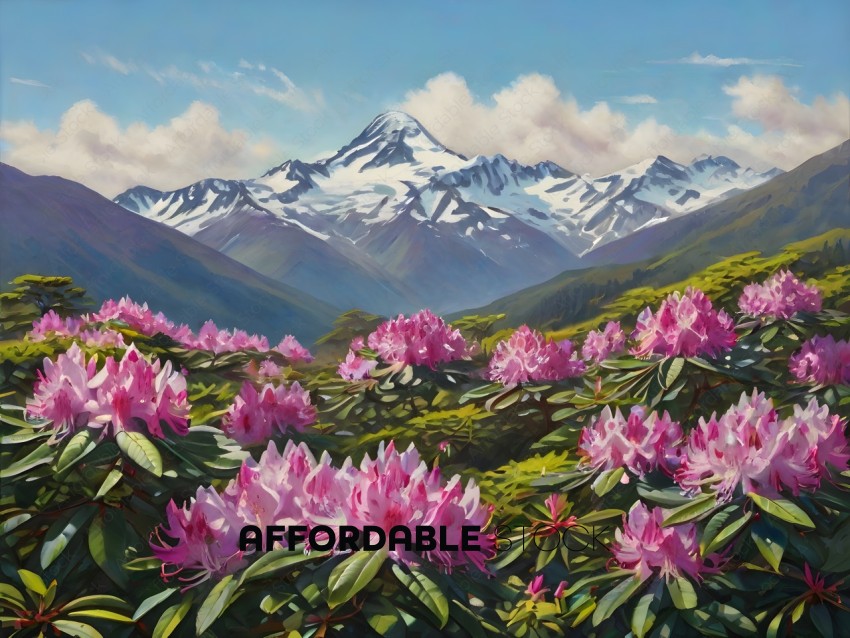 A painting of a mountain with pink flowers