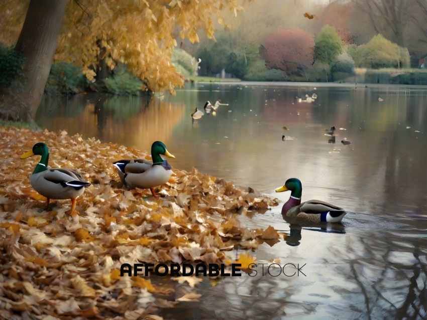 Ducks in a lake with leaves
