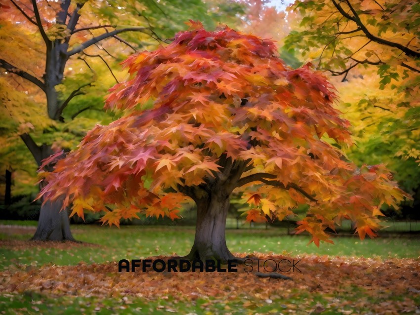 A tree with red and yellow leaves in a park
