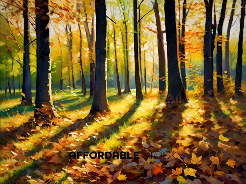 A painting of a forest with sunlight filtering through the trees