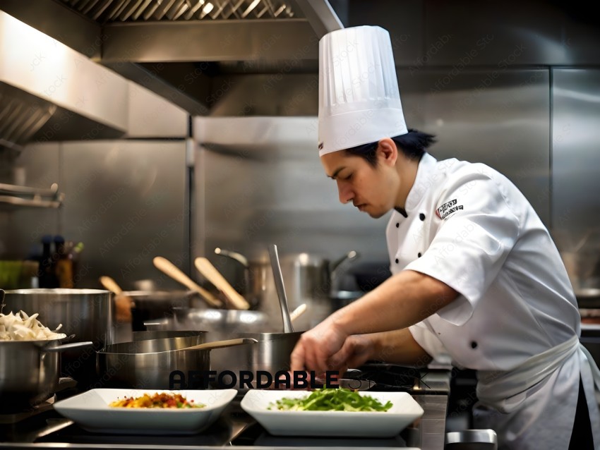 A chef in a white hat and white shirt prepares food