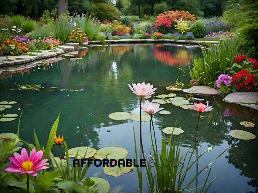 A beautiful garden with a pond and flowers