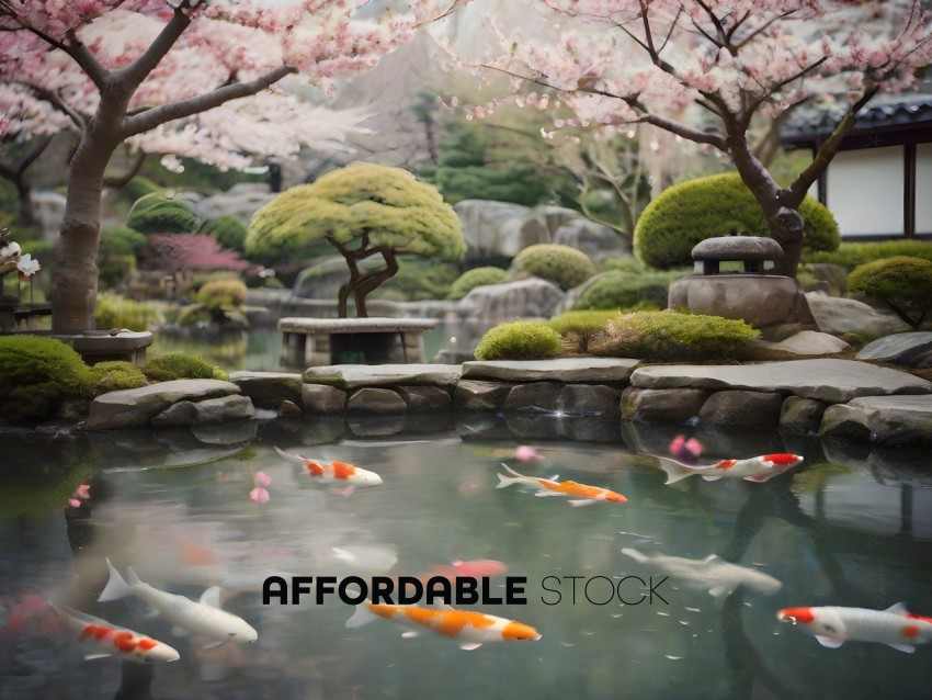 A Japanese garden with a pond and fish