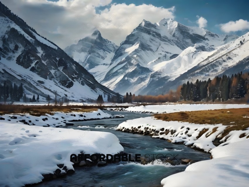 Snowy Mountains with a River Running Through