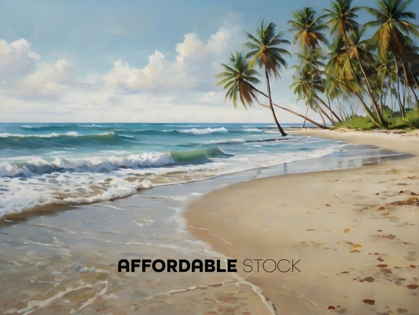 A beautiful beach scene with palm trees and waves