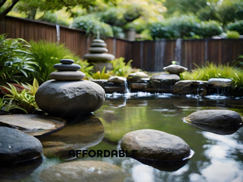 A Zen-like garden with a pond, rocks, and a waterfall