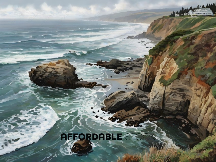 A painting of a rocky coastline with a few people in the distance