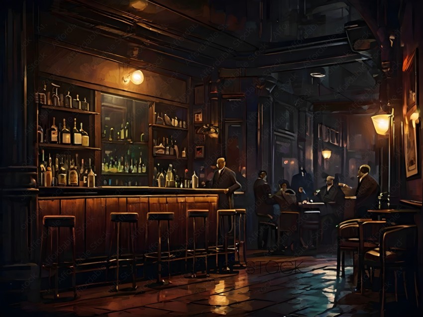 A bar scene with a man standing at the bar