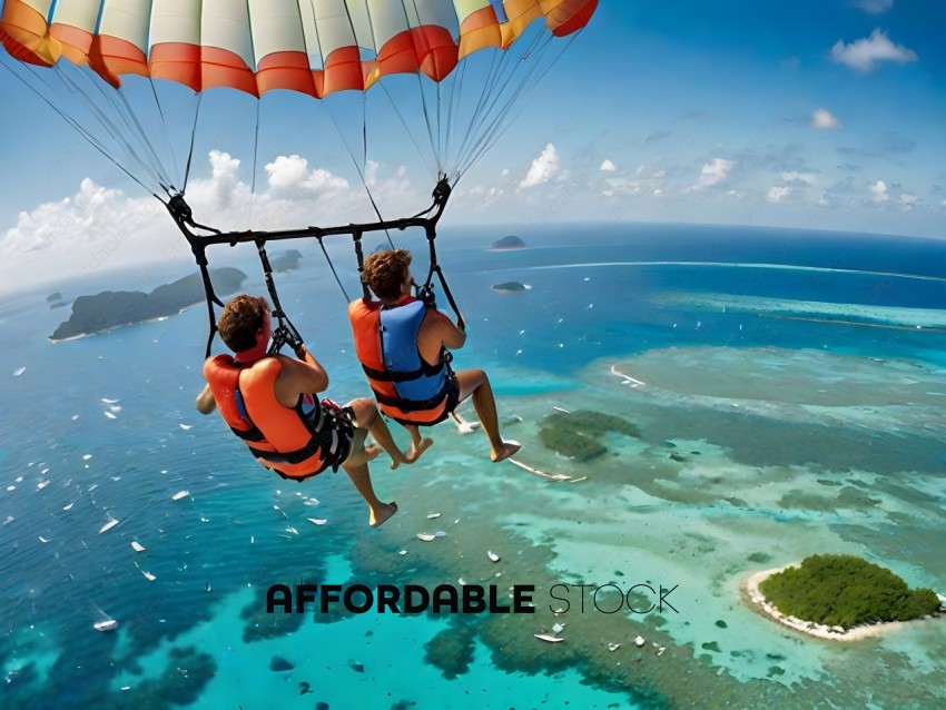 Two men in parachutes are suspended in the air over a beautiful blue ocean