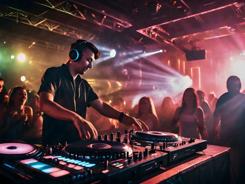 A DJ in a club setting with a crowd of people