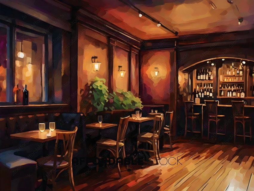 A restaurant with a wooden floor and brown walls