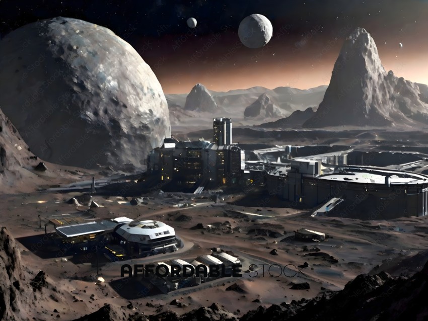 A futuristic city with a large rock formation in the background