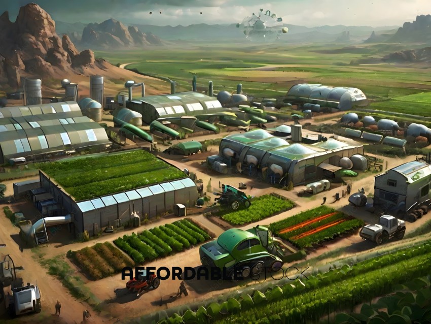 A large farm with many buildings and greenery