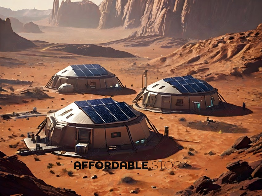 Three solar powered houses in a desert landscape