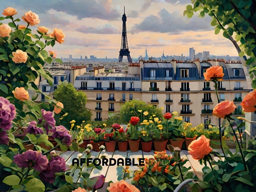 A beautiful painting of a balcony with flowers and a cityscape in the background