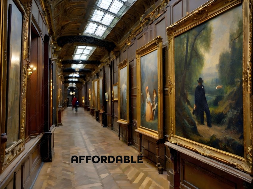 A long hallway with many paintings on the walls