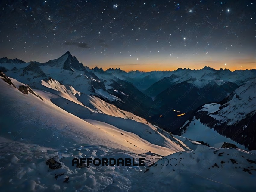 Snowy mountain range with stars in the sky