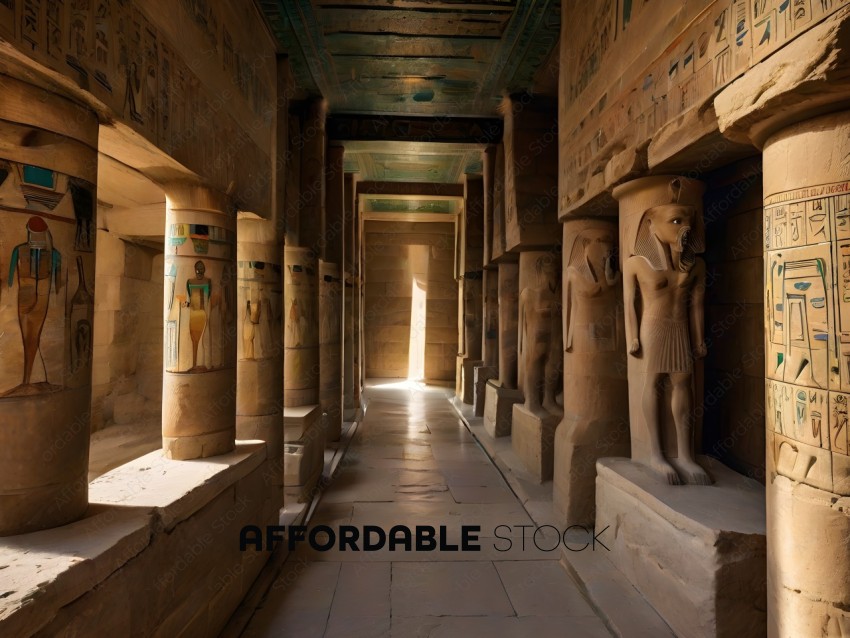 A long hallway with statues of Egyptian pharaohs