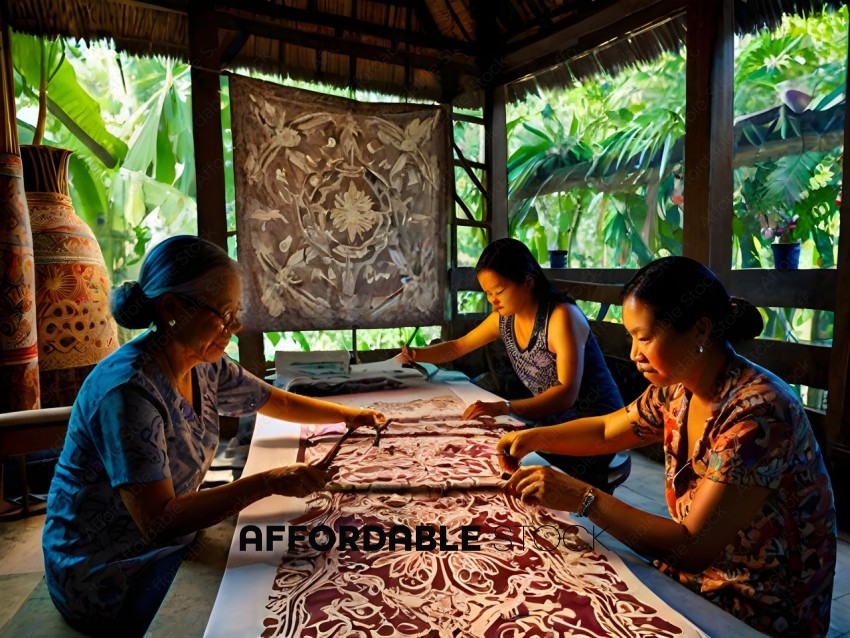 Three women working on a large piece of fabric