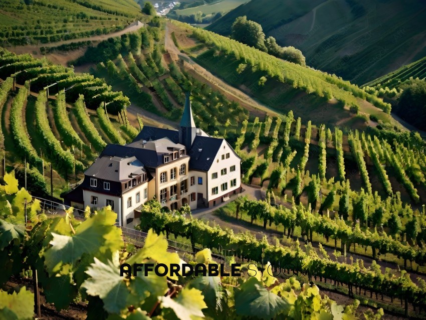 A large house with a green roof in a vineyard