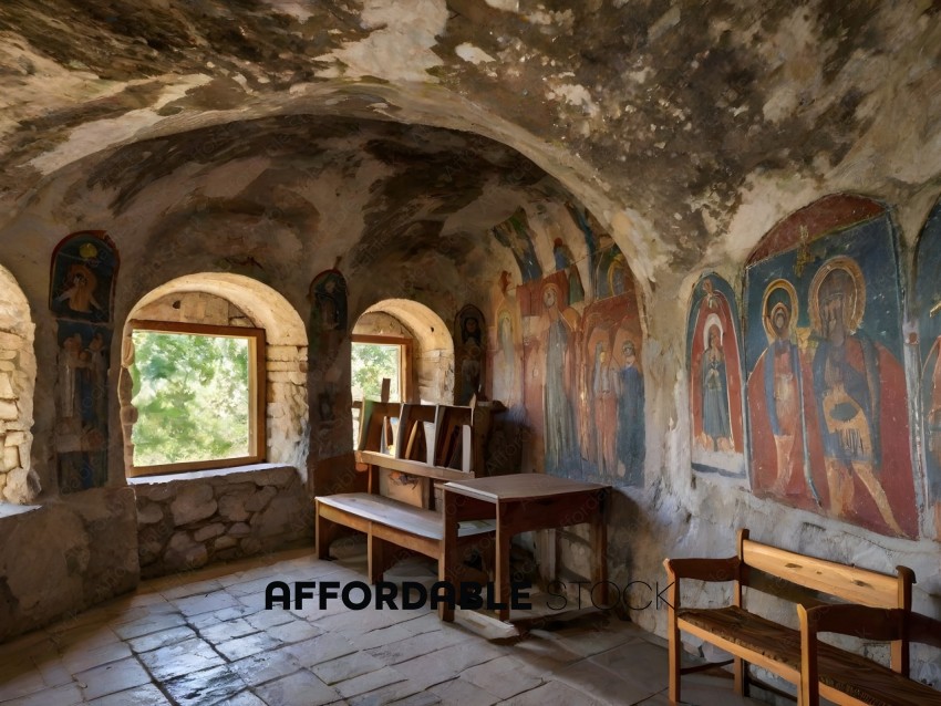 A church with a stone floor and painted walls