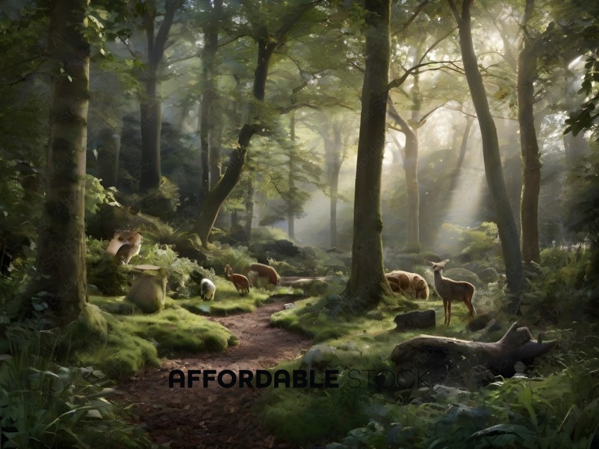 A forest scene with animals and a path