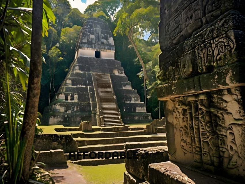Ancient Mayan Ruins with Steps and Trees