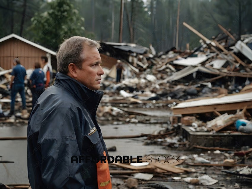 Man in a black jacket looking at a destroyed area
