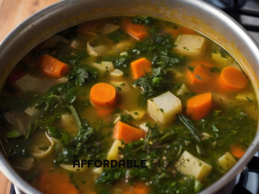 A bowl of vegetable soup with carrots and broccoli