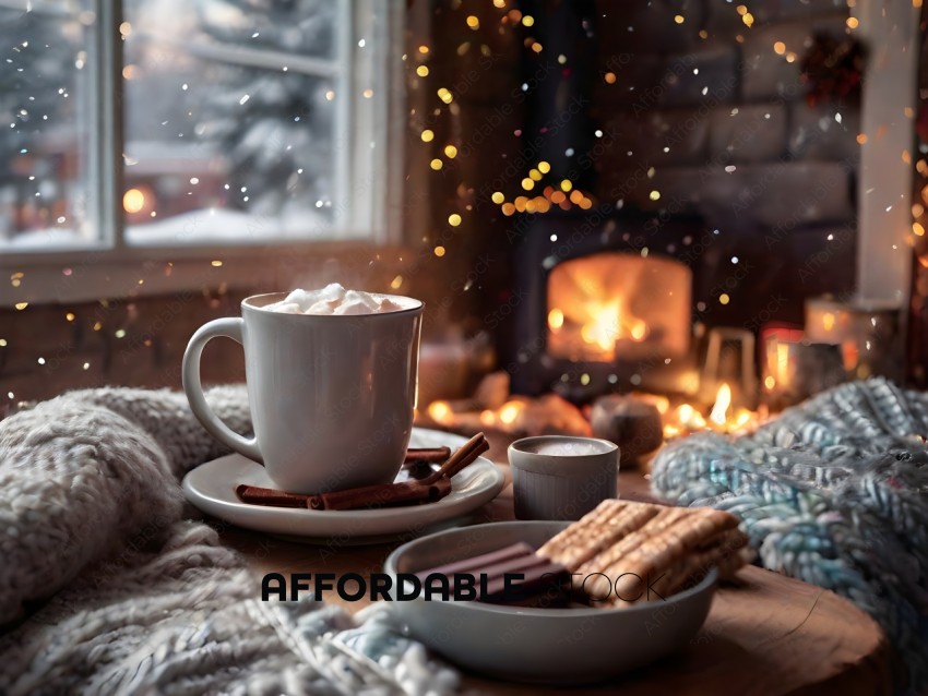 A cozy scene of a warm drink and snacks