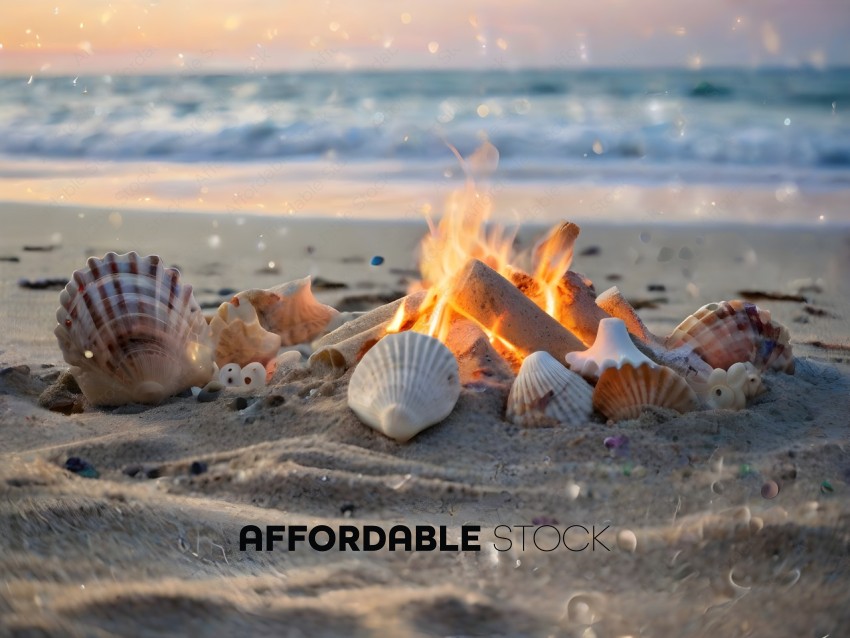A fire on the beach with shells and sand